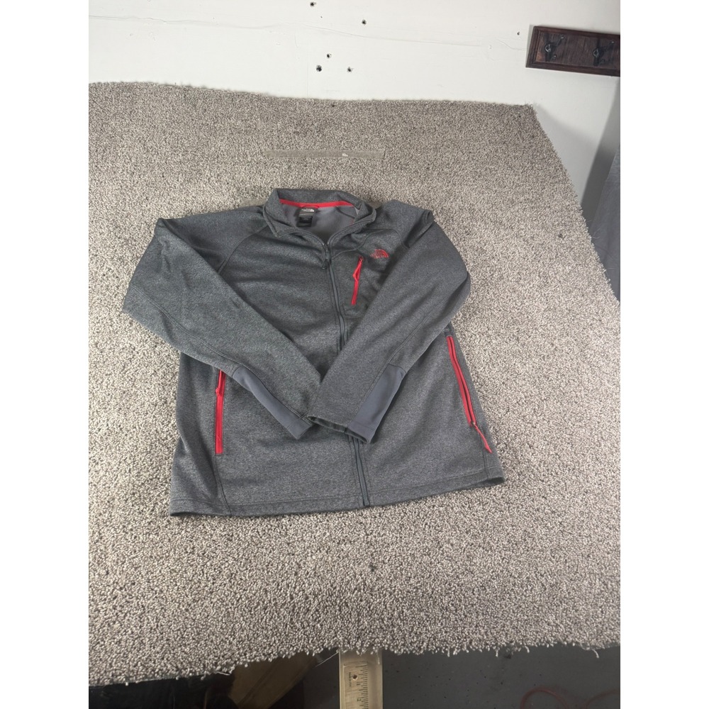 The North Face Mens Full Zip Fleece Jacket Gray Red Logo Large L Mock Neck Coat